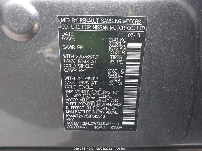 VIN KNMAT2MV5JP615343 2018 NISSAN ROGUE SV