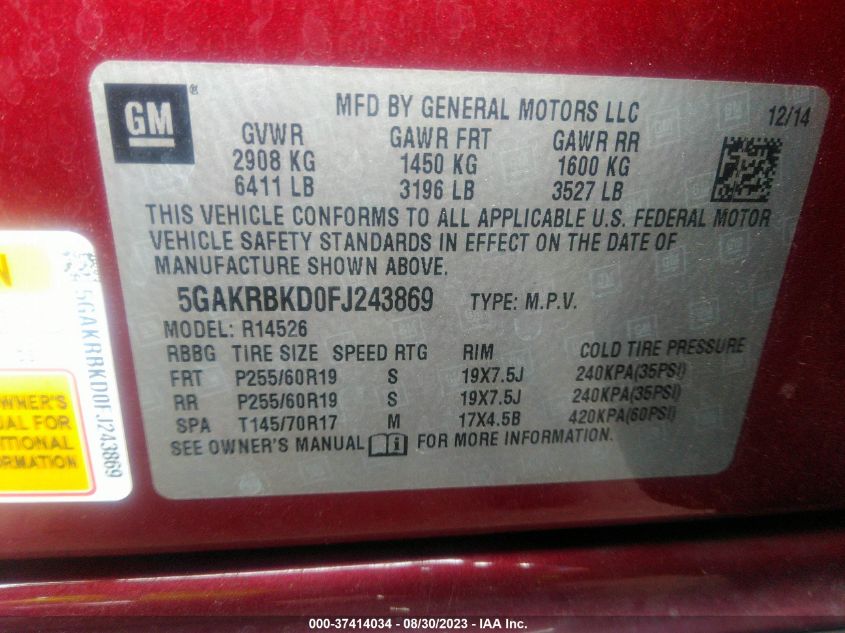 2015 BUICK ENCLAVE LEATHER - 5GAKRBKD0FJ243869