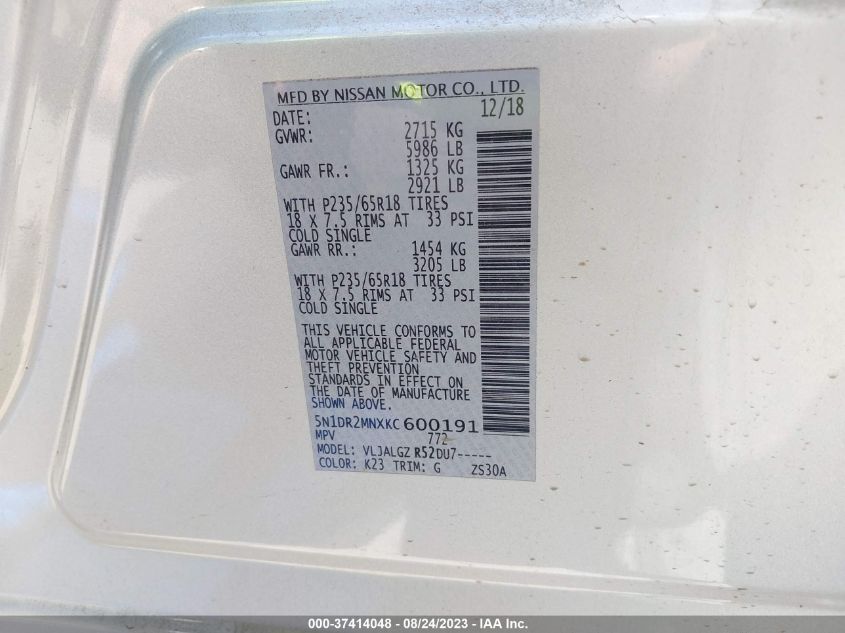 2019 NISSAN PATHFINDER SL - 5N1DR2MNXKC600191