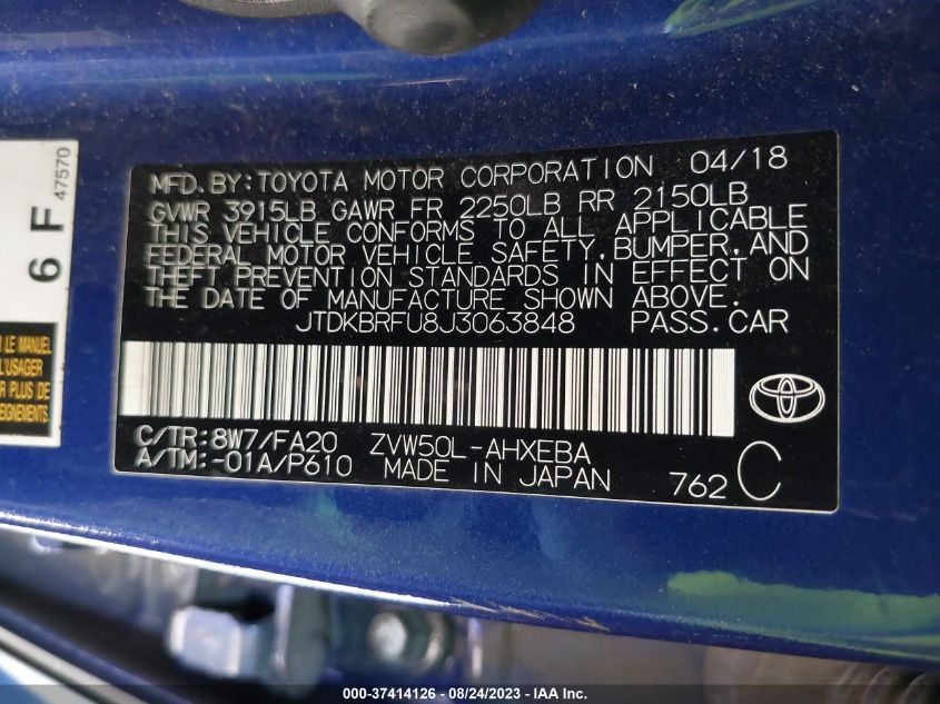 2018 TOYOTA PRIUS TWO/TWO ECO/THREE - JTDKBRFU8J3063848