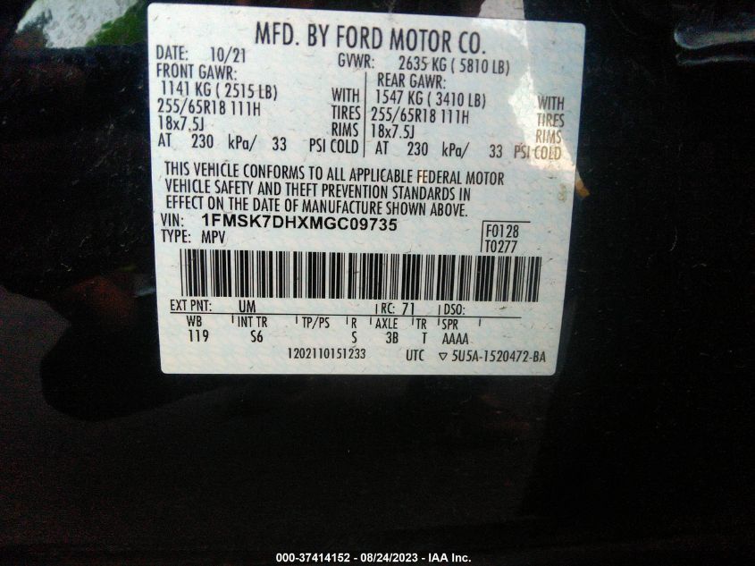2021 FORD EXPLORER XLT - 1FMSK7DHXMGC09735