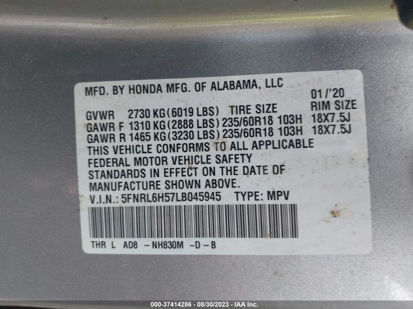 2020 HONDA ODYSSEY EX - 5FNRL6H57LB045945