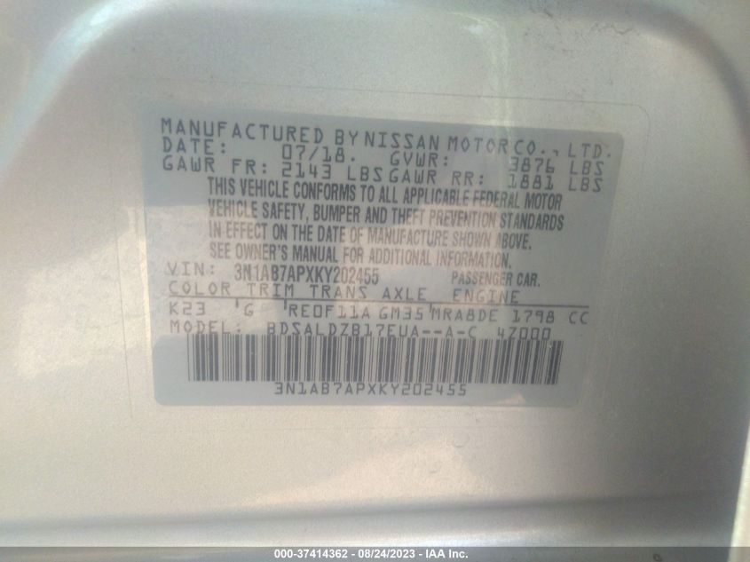 2019 NISSAN SENTRA SV - 3N1AB7APXKY202455