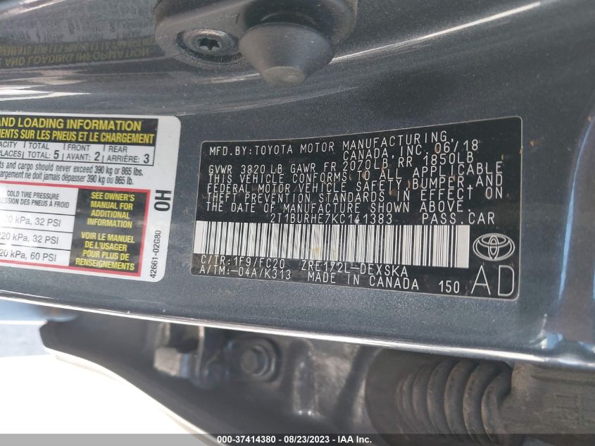 2019 TOYOTA COROLLA L/LE/SE/XLE/XSE - 2T1BURHE7KC141383