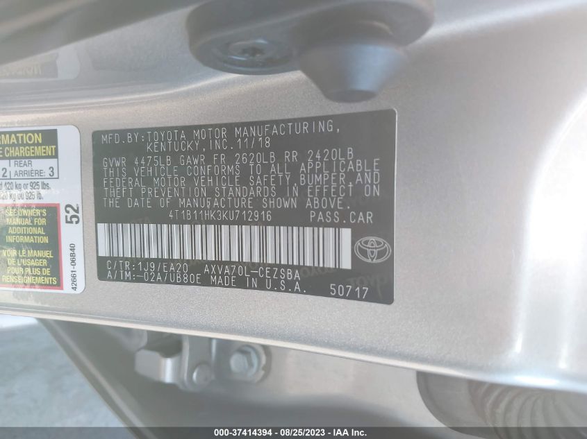 2019 TOYOTA CAMRY LE/SE/XLE/L - 4T1B11HK3KU712916