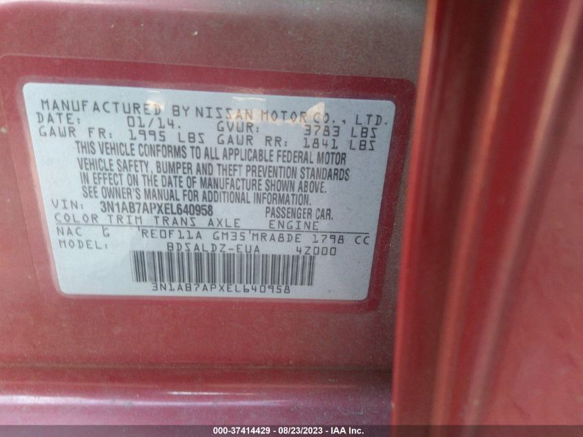 2014 NISSAN SENTRA S/FE+ S/SV/FE+ SV/SR/SL - 3N1AB7APXEL640958