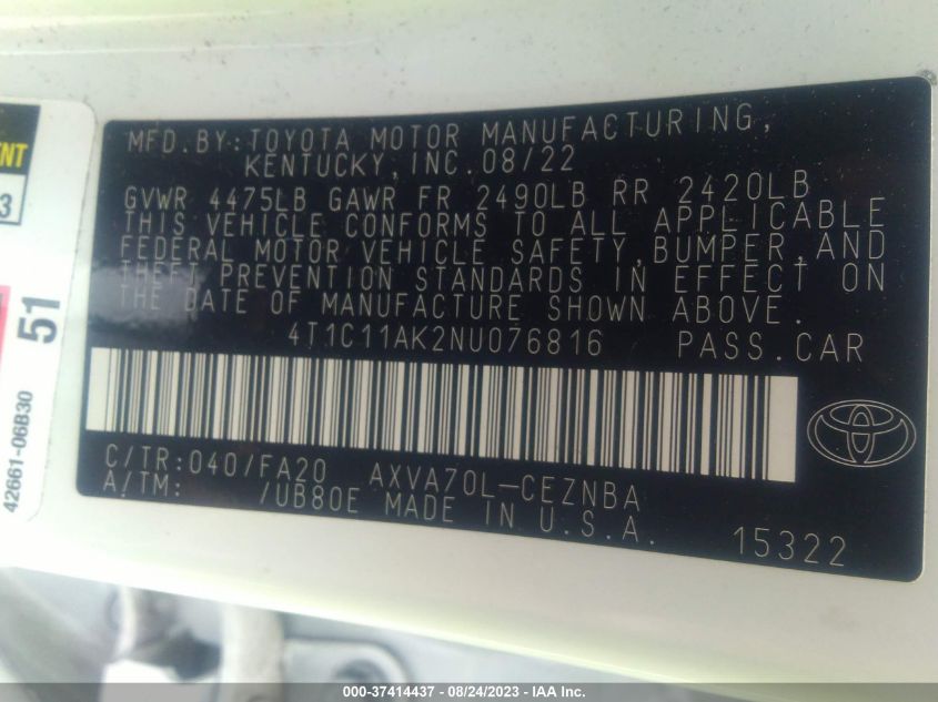 2022 TOYOTA CAMRY LE - 4T1C11AK2NU076816