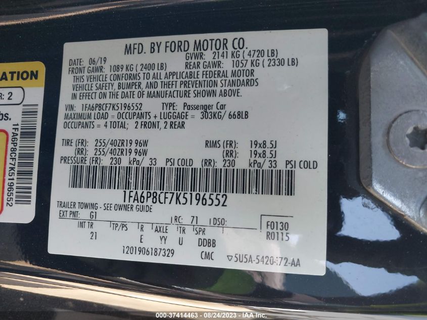 2019 FORD MUSTANG GT - 1FA6P8CF7K5196552