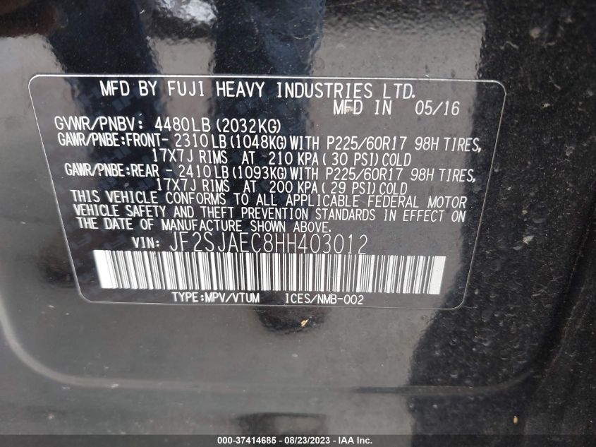 2017 SUBARU FORESTER PREMIUM - JF2SJAEC8HH403012