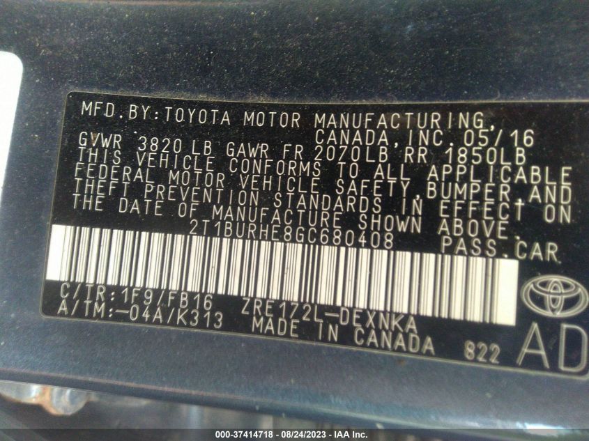 2016 TOYOTA COROLLA L/LE/S/S PLUS/LE PLUS - 2T1BURHE8GC680408