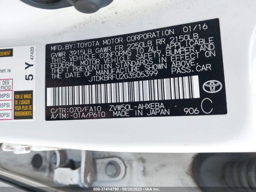 2016 TOYOTA PRIUS TWO - JTDKBRFU2G3505399