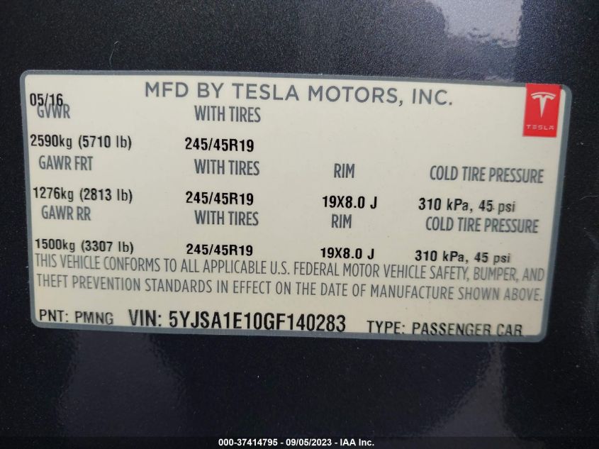 2016 TESLA MODEL S 70 KWH - 5YJSA1E10GF140283