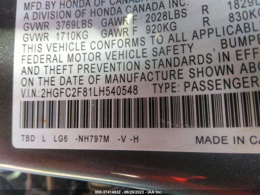 2020 HONDA CIVIC SEDAN SPORT - 2HGFC2F81LH540548