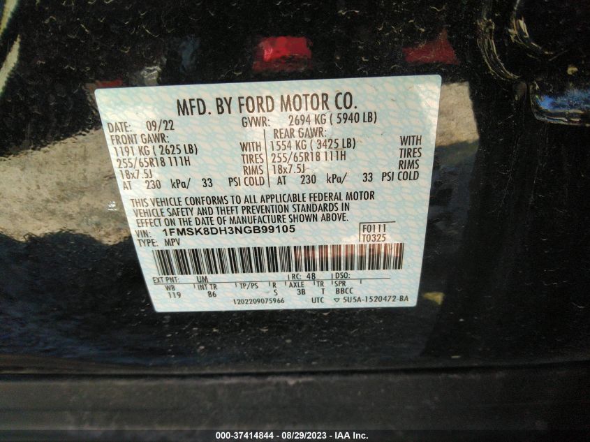 2022 FORD EXPLORER XLT - 1FMSK8DH3NGB99105