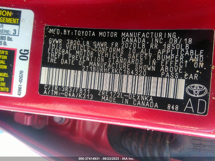 2019 TOYOTA COROLLA L/LE/SE/XLE/XSE - 2T1BURHEXKC164320