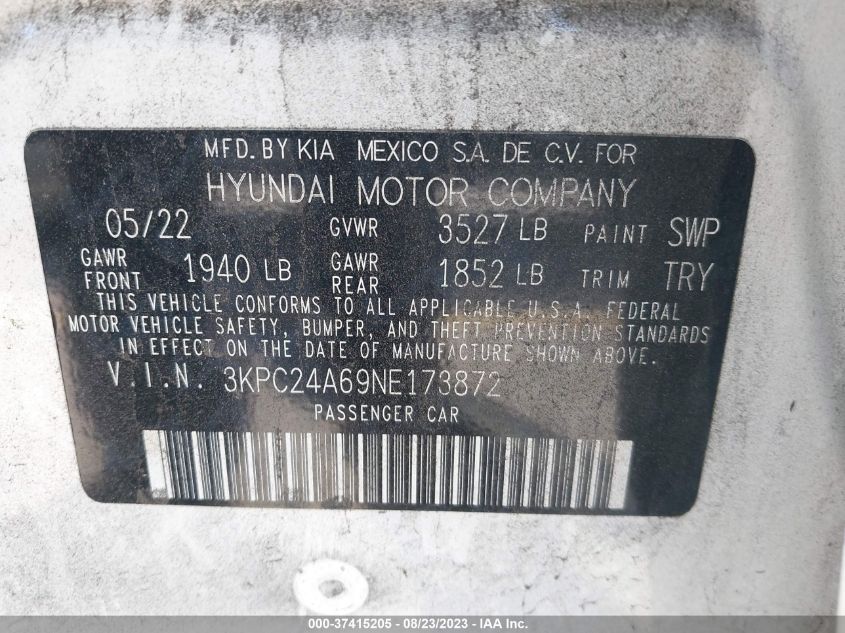 2022 HYUNDAI ACCENT SEL - 3KPC24A69NE173872