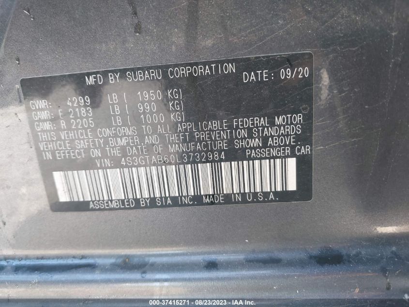 2020 SUBARU IMPREZA - 4S3GTAB60L3732984