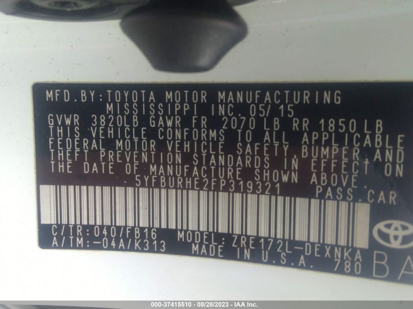 2015 TOYOTA COROLLA LE - 5YFBURHE2FP319321