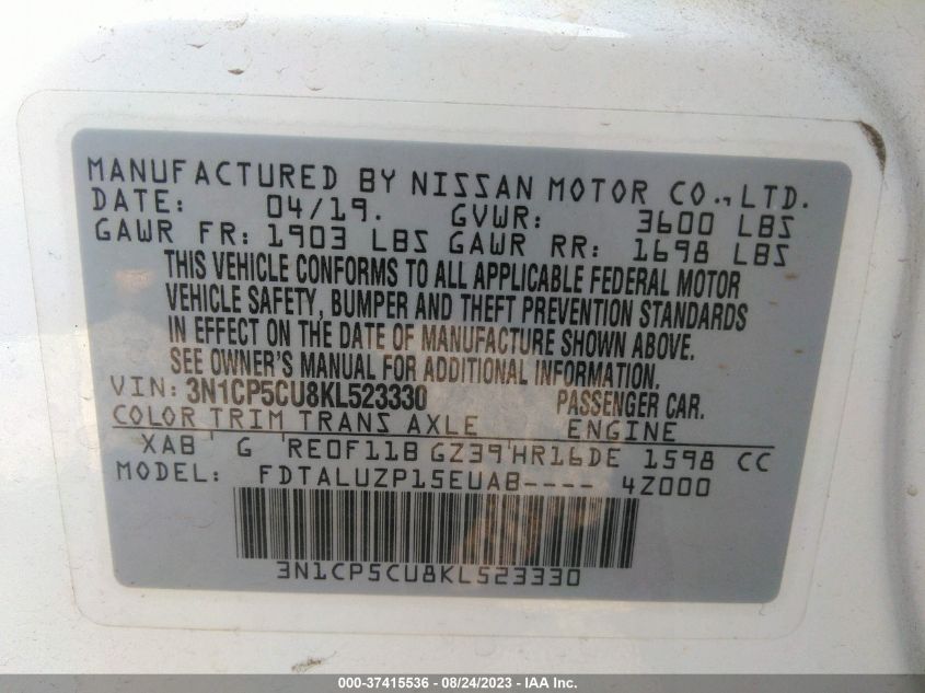 2019 NISSAN KICKS SR - 3N1CP5CU8KL523330