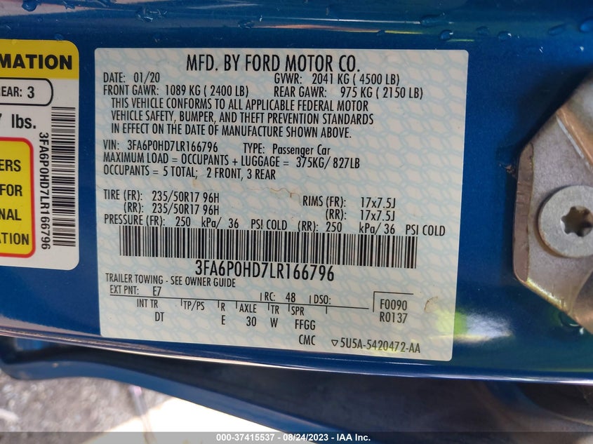 VIN 3FA6P0HD7LR166796 2020 FORD FUSION SE