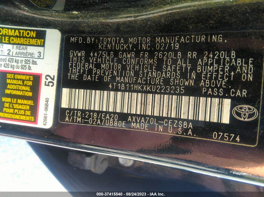 2019 TOYOTA CAMRY LE/SE/XLE/L - 4T1B11HKXKU223235