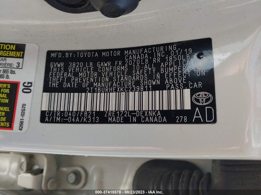 2019 TOYOTA COROLLA LE - 2T1BURHEXKC239811