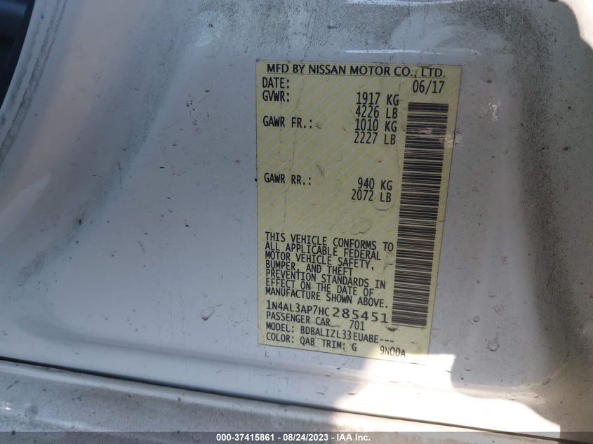 VIN 1N4AL3AP7HC285451 2017 NISSAN ALTIMA 2.5 SV