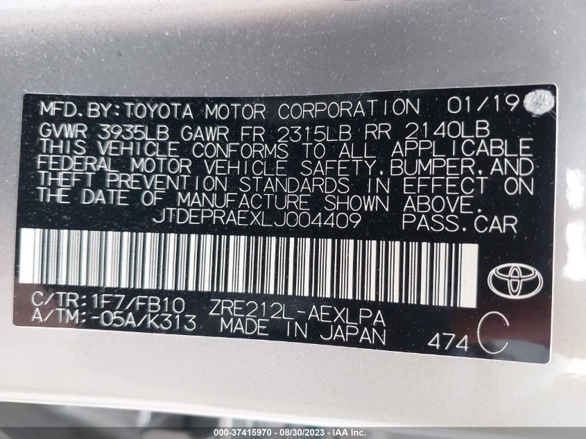 2020 TOYOTA COROLLA LE - JTDEPRAEXLJ004409