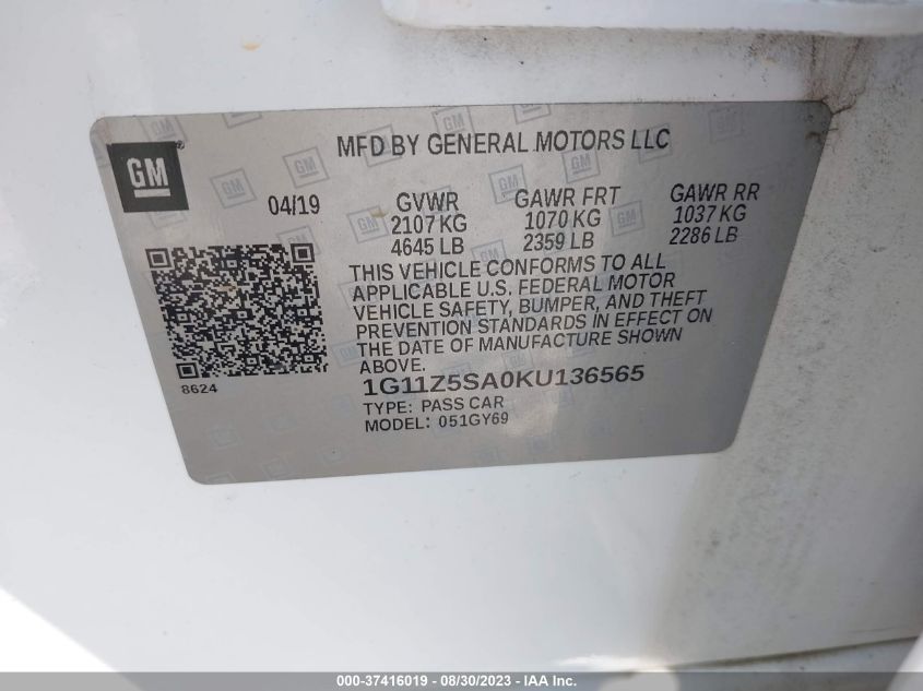 2019 CHEVROLET IMPALA LT - 1G11Z5SA0KU136565