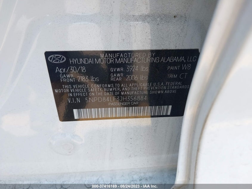 VIN 5NPD84LF3JH356884 2018 HYUNDAI ELANTRA SEL