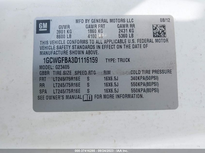 2013 CHEVROLET EXPRESS 2500 WORK VAN 1GCWGFBA3D1116159