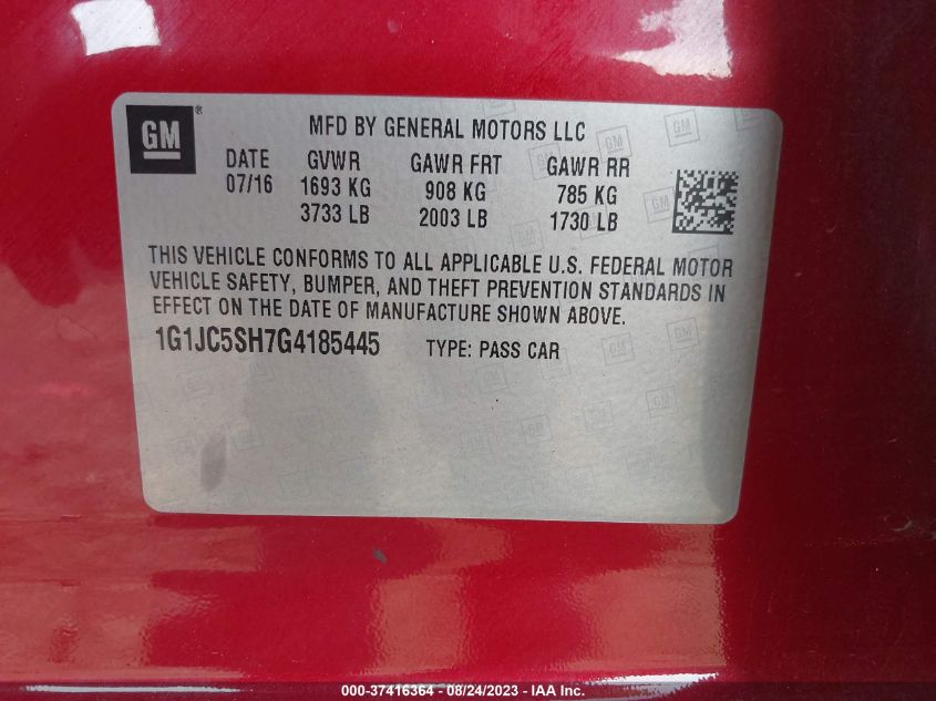 2016 CHEVROLET SONIC LT - 1G1JC5SH7G4185445
