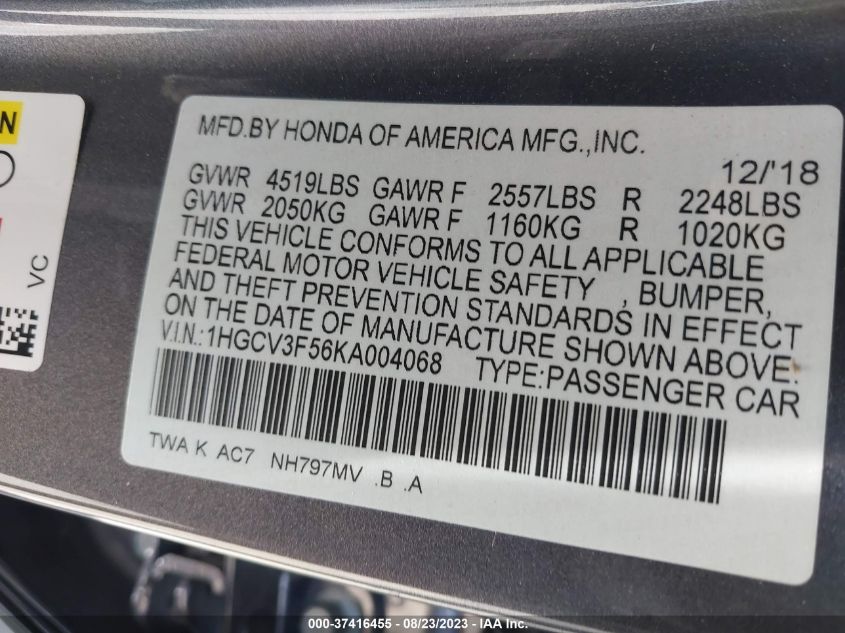 VIN 1HGCV3F56KA004068 2019 HONDA ACCORD HYBRID EX-L