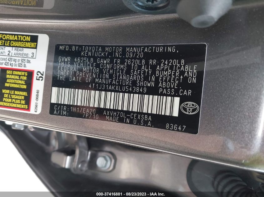 2020 TOYOTA CAMRY HYBRID SE - 4T1J31AKXLU543849