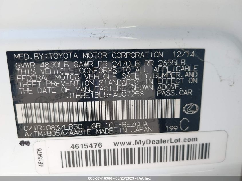 2015 LEXUS GS 350 - JTHBE1BL5FA007258