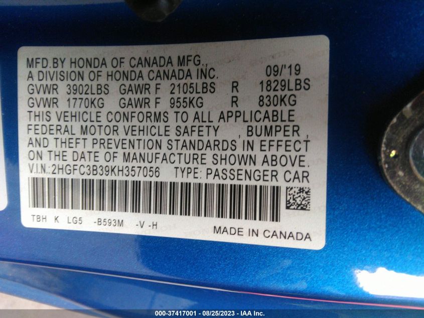 2019 HONDA CIVIC COUPE EX - 2HGFC3B39KH357056