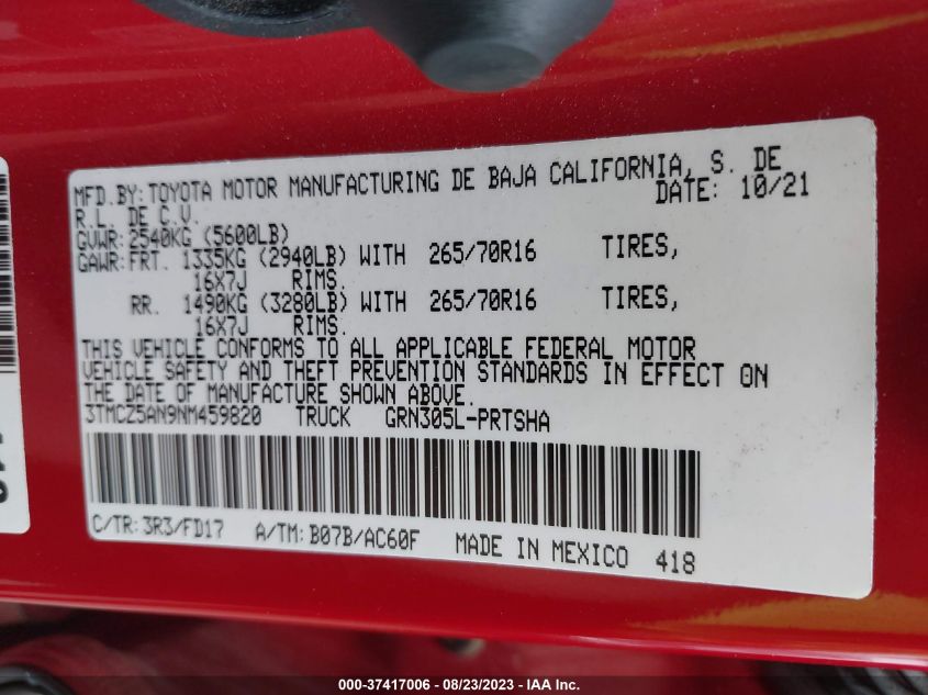 2022 TOYOTA TACOMA 4WD SR/SR5/TRD SPORT - 3TMCZ5AN9NM459820