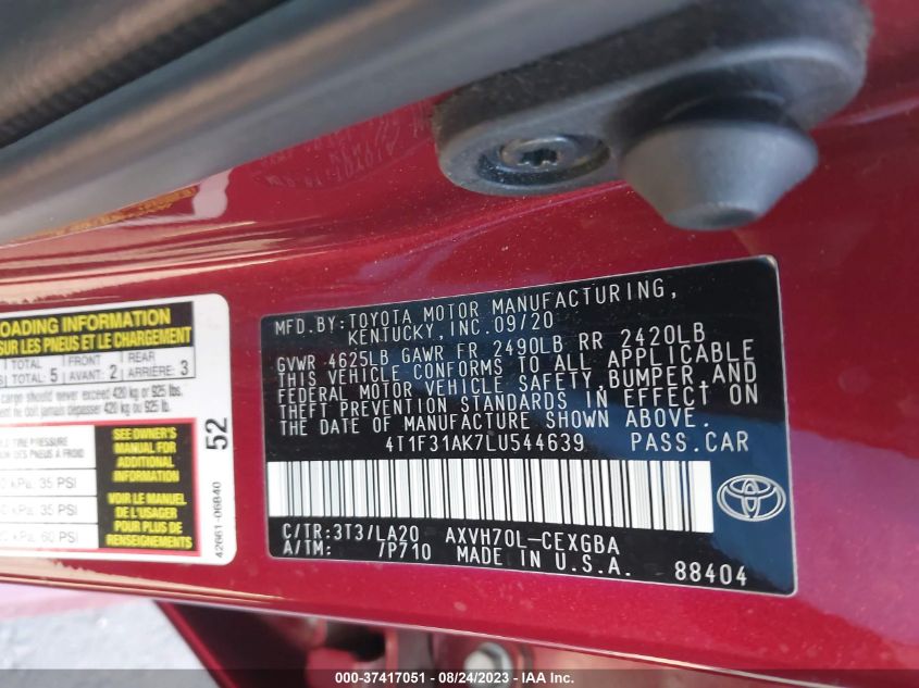2020 TOYOTA CAMRY HYBRID XLE - 4T1F31AK7LU544639