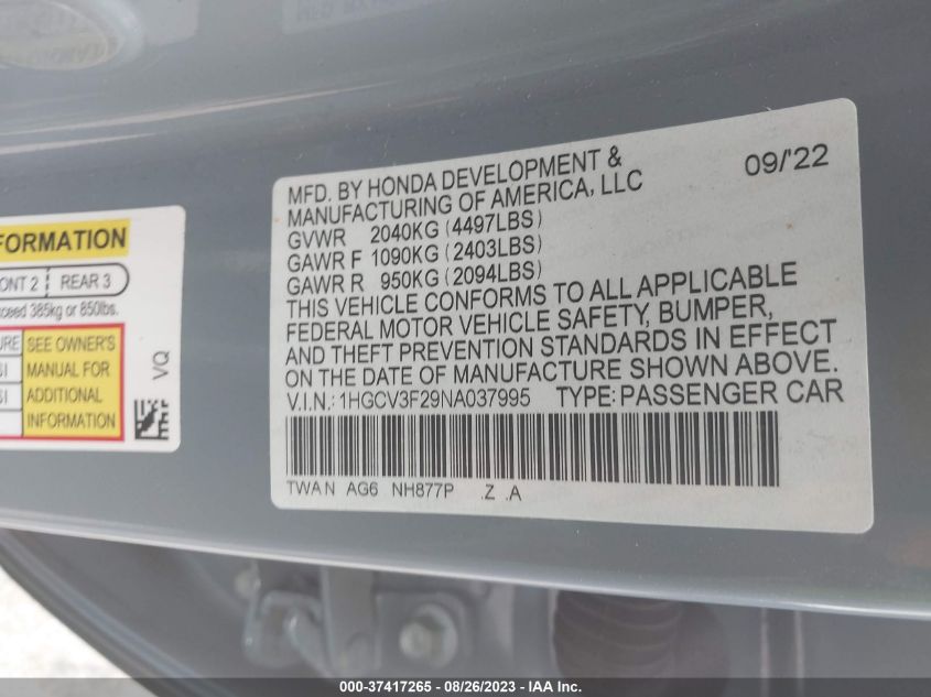 1HGCV3F29NA037995 Honda Accord Hybrid SPORT 9