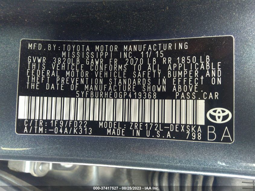 2016 TOYOTA COROLLA L/LE/LE PLS/PRM/S/S PLS - 5YFBURHE0GP419368