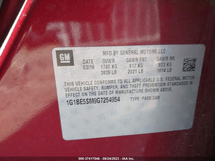 2016 CHEVROLET CRUZE LT - 1G1BE5SM9G7254954