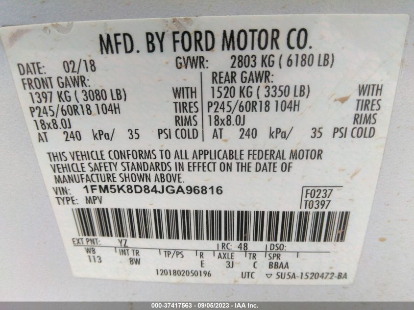 2018 FORD EXPLORER XLT - 1FM5K8D84JGA96816