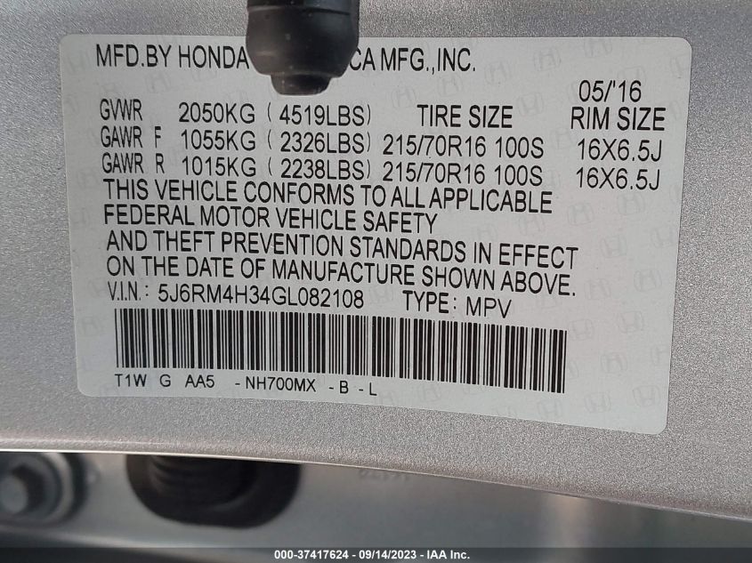 2016 HONDA CR-V LX - 5J6RM4H34GL082108