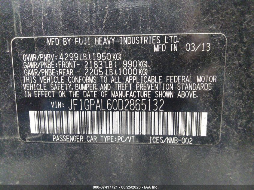 2013 SUBARU IMPREZA WAGON 2.0I SPORT PREMIUM - JF1GPAL60D2865132