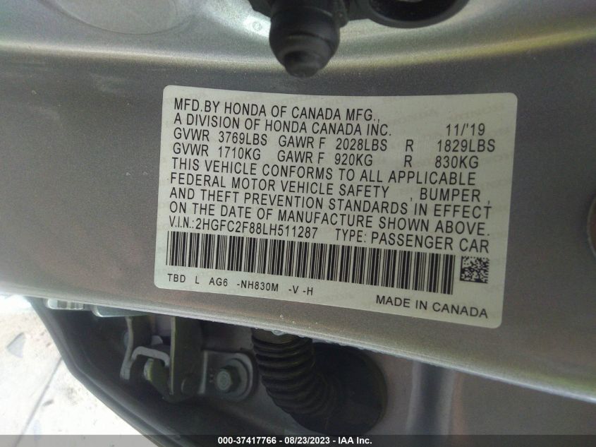 2020 HONDA CIVIC SEDAN SPORT - 2HGFC2F88LH511287