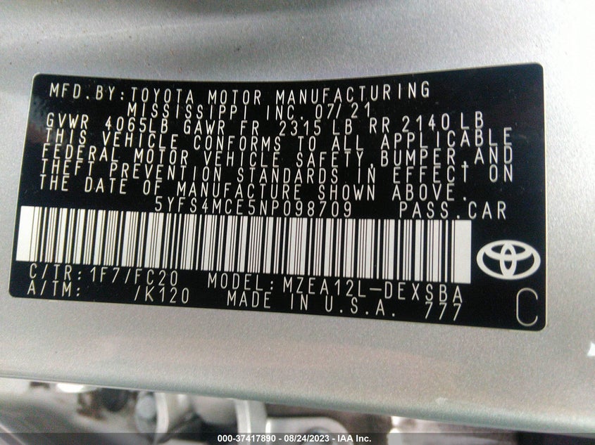VIN 5YFS4MCE5NP098709 2022 TOYOTA COROLLA SE/SE NIGHTSHADE/APEX SE