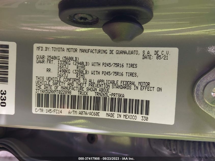 2021 TOYOTA TACOMA 2WD SR/SR5 3TYAX5GNXMT022898