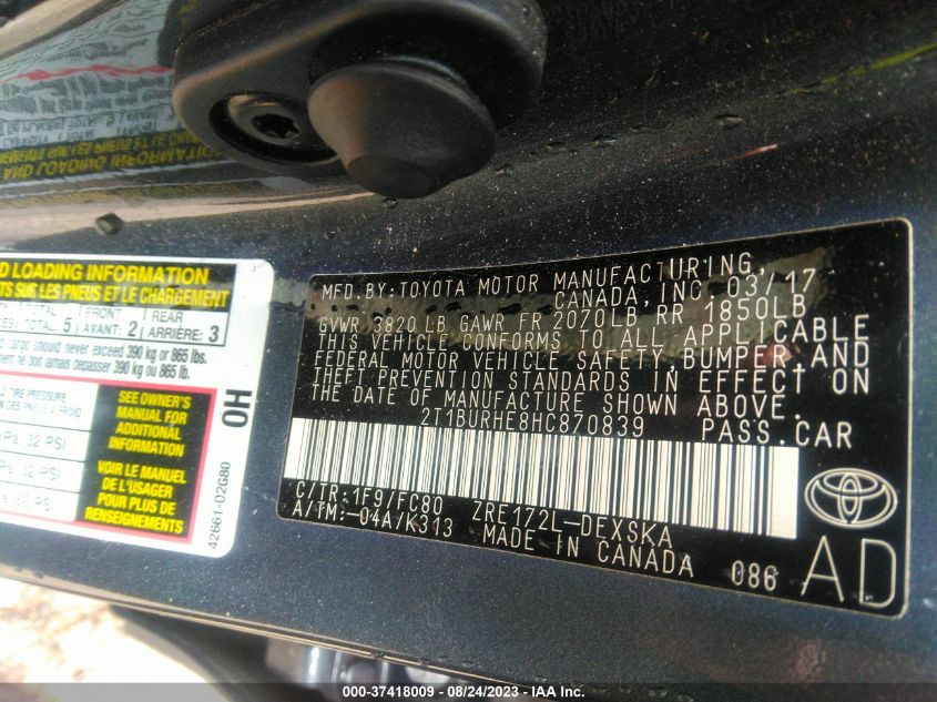 2017 TOYOTA COROLLA L/LE/XLE/SE - 2T1BURHE8HC870839