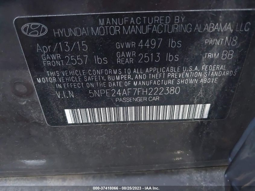 2015 HYUNDAI SONATA 2.4L SE - 5NPE24AF7FH222380