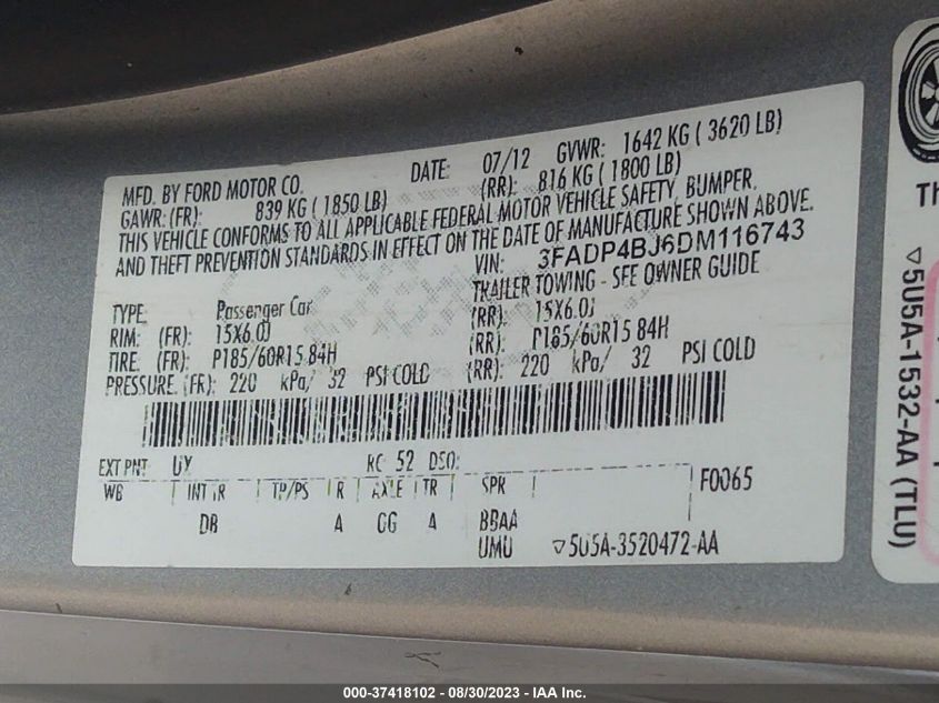 2013 FORD FIESTA SE - 3FADP4BJ6DM116743